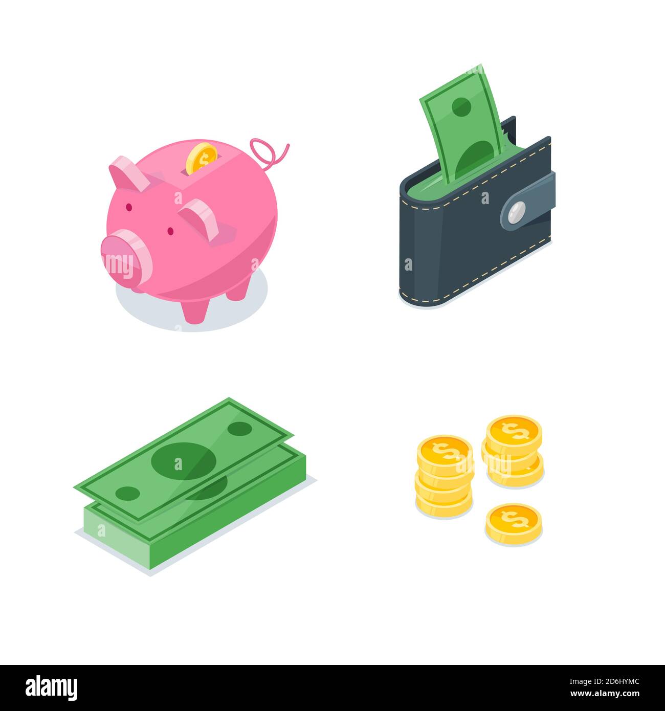 Money set di icone vettoriali in stile isometrico 3d. Simbolo isolato di finanza, banche, investimenti e commercio. Monete, dollari, porcellino banca e portafoglio illustrati Illustrazione Vettoriale