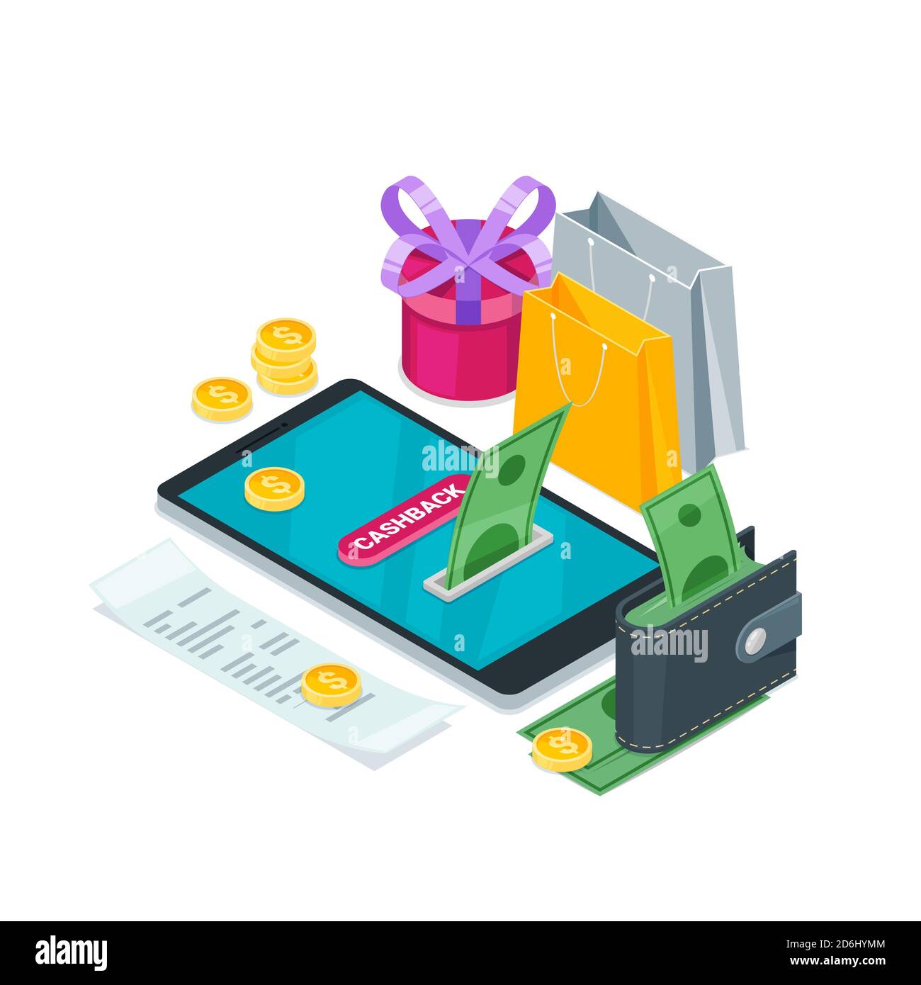 Cashback denaro, concetto di servizio online. Illustrazione vettoriale isometrica 3d. Icone per le app mobili di rimborso, commercio o trasferimento dei pagamenti. Illustrazione Vettoriale
