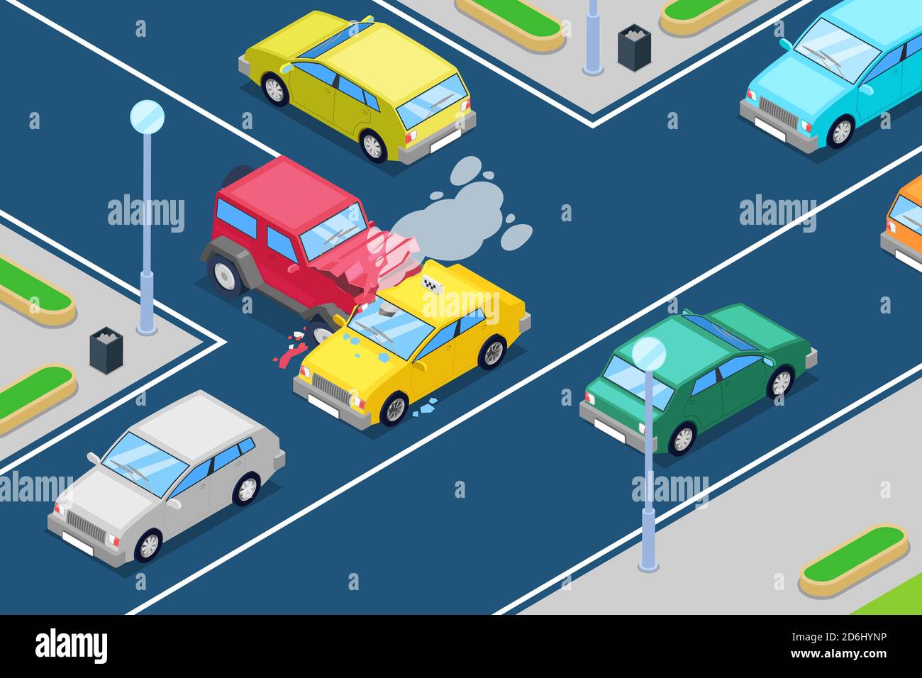 Incidente d'auto, illustrazione vettoriale isometrica 3D. Incidente stradale all'incrocio tra le strade principali e secondarie. Sicurezza del traffico stradale e assicurazione stradale Illustrazione Vettoriale