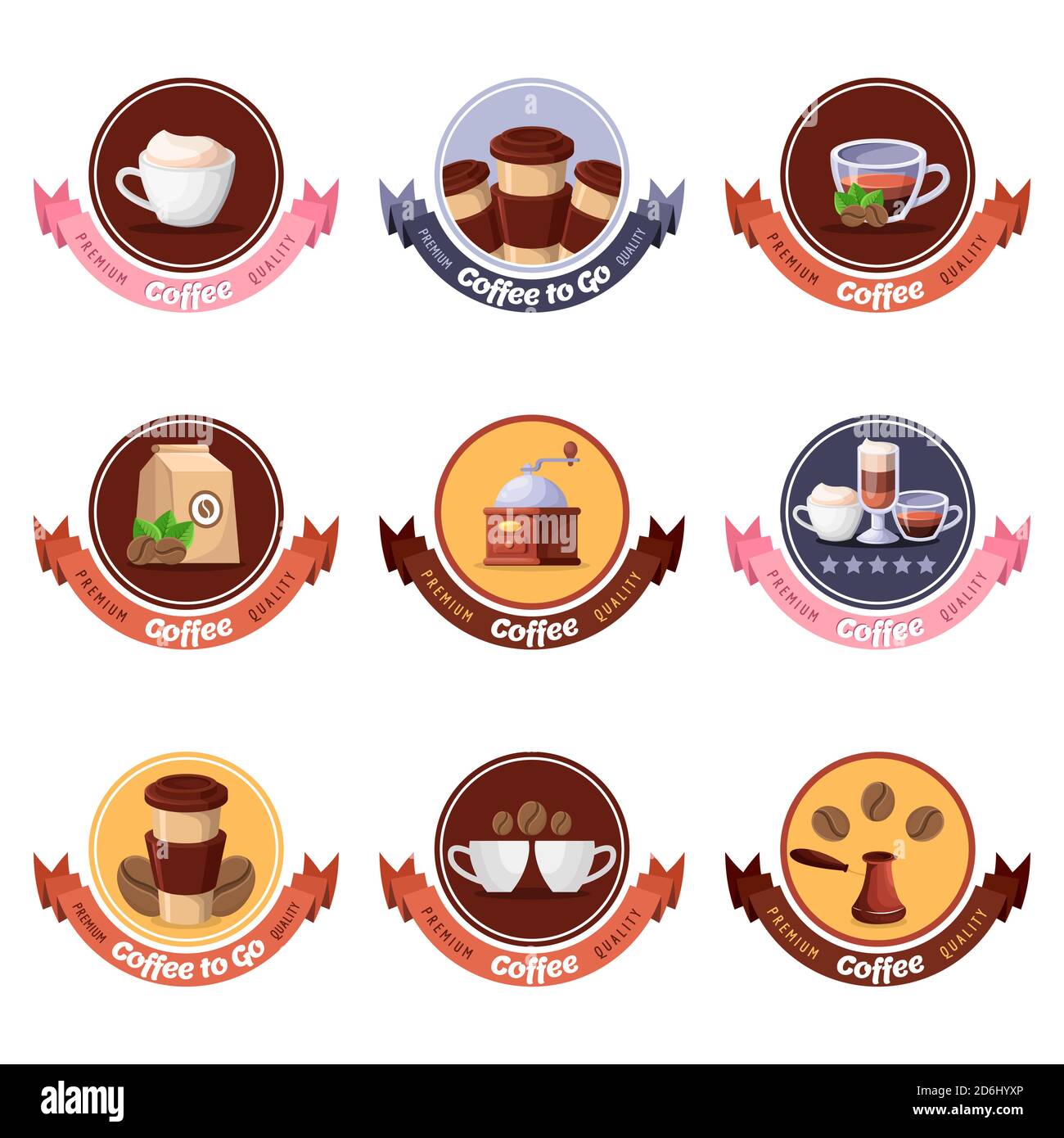 Logo vettoriale, etichetta circolare, adesivo, set di emblemi. Il menu della colazione del caffè o del ristorante ha elementi di design isolati. Illustrazione cartoon. Illustrazione Vettoriale