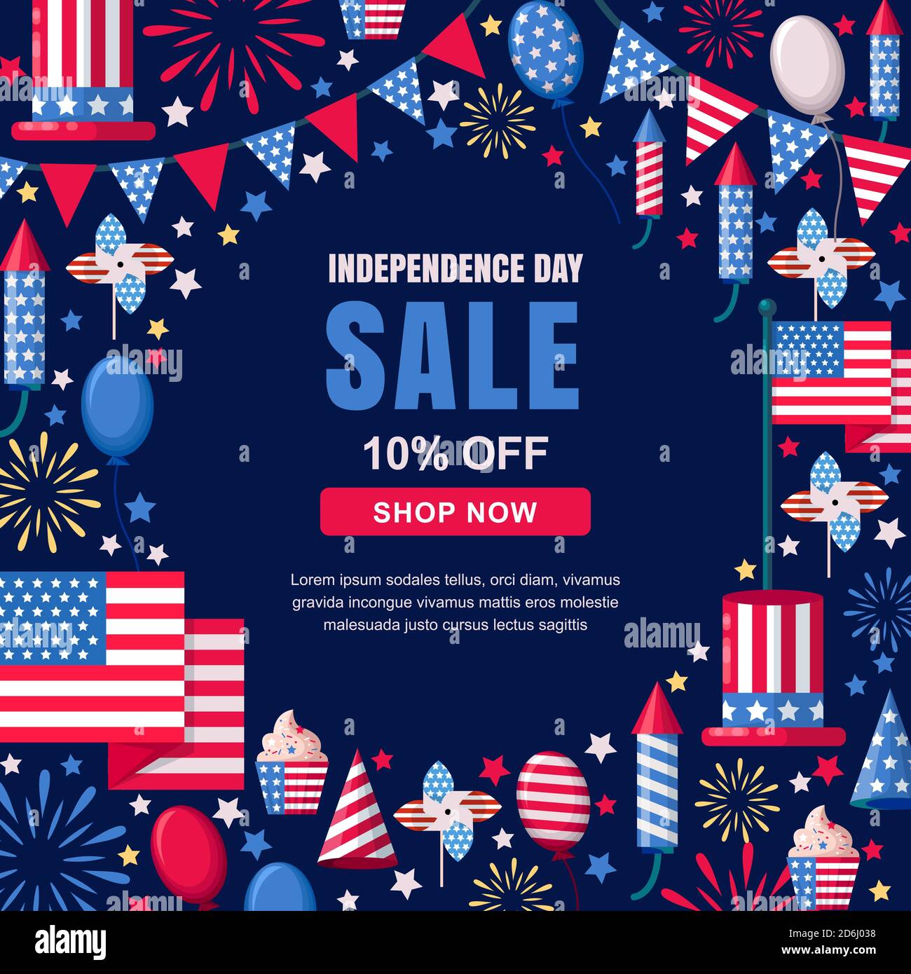 Modello di banner vettoriale di vendita USA Independence Day. Holiday Navy cornice sfondo con bandiera e fuochi d'artificio. 4 del concetto di celebrazione di luglio. Illustrazione Vettoriale