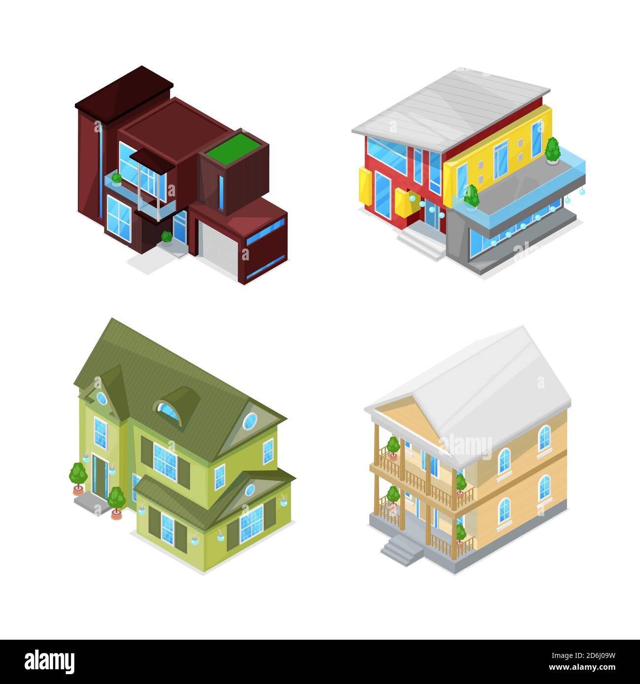 Case classiche e moderne. illustrazione vettoriale isolata in stile isometrico 3d. Icone immobiliari. Illustrazione Vettoriale