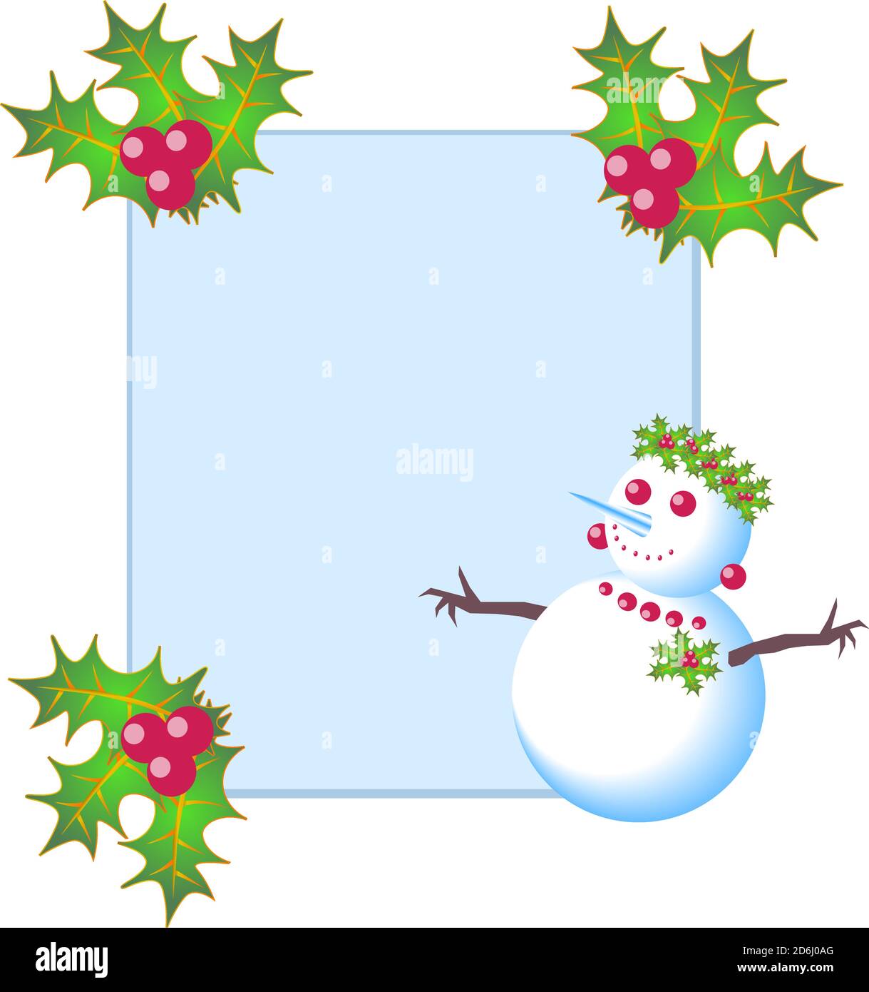 Capodanno e Natale cornice per foto o scheda con simpatico e felice pupazzo di neve, bacche, foglie e mistletoe Illustrazione Vettoriale