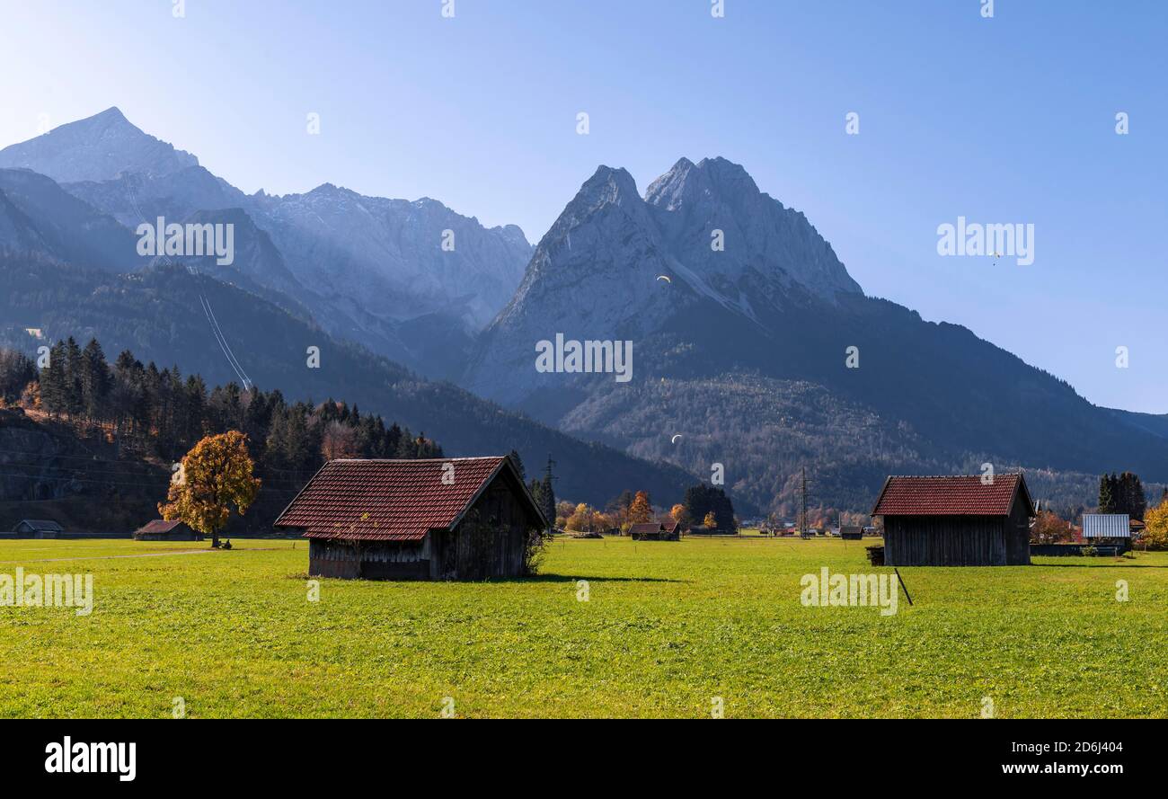 Fienili, prato verde, Zugspitze sullo sfondo, paesaggio montano, vicino Grainau, Garmisch-Partenkirchen, alta Baviera, Baviera, Germania Foto Stock
