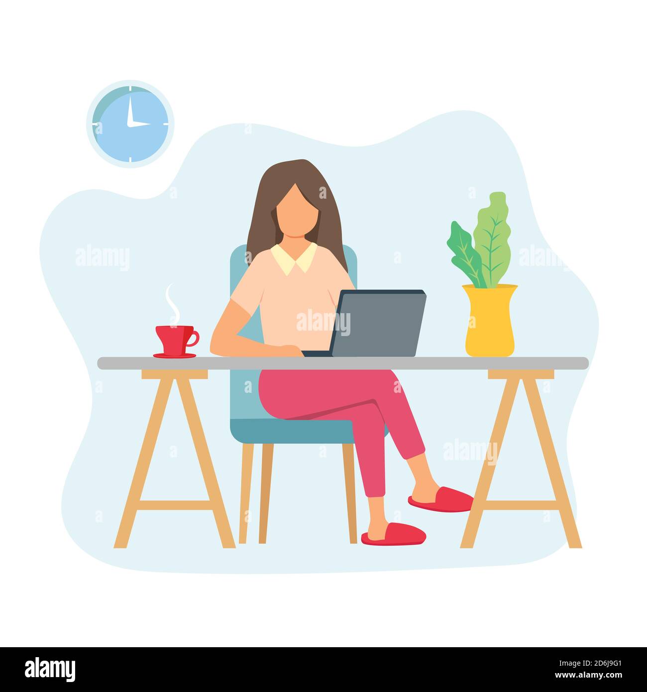 Giovane donna che lavora in un ufficio domestico su un computer. Ragazza che scrive su una tastiera per computer portatile su una scrivania con una tazza di caffè Illustrazione Vettoriale