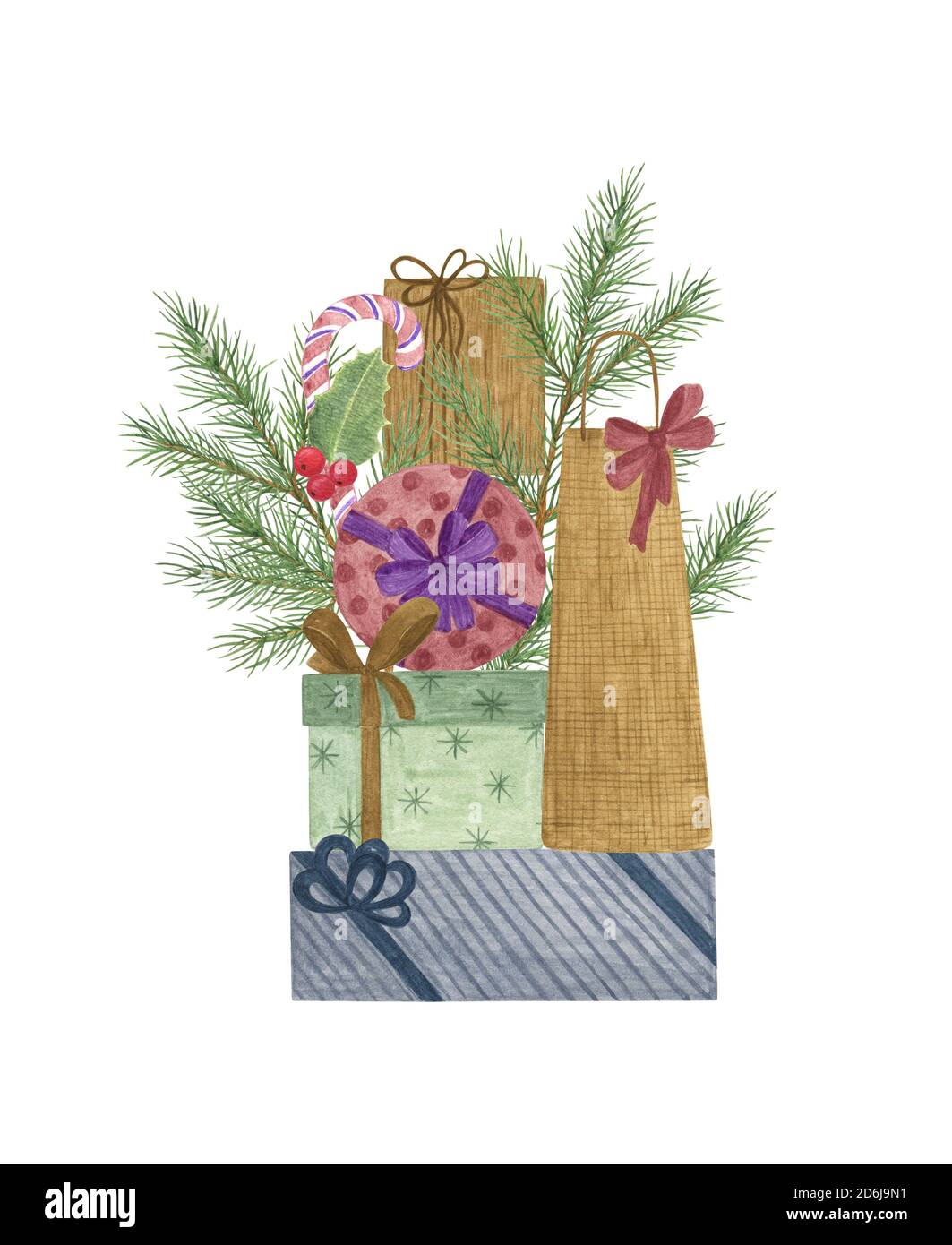 Natale vacanza tradizionale composizione abete ramo albero, pianta agrifoglio, albero di Natale decorazione, canna caramella, scatole regalo con nastri, famiglia riunione simbolo celebrazione, umore di festa semplice disposizione Foto Stock