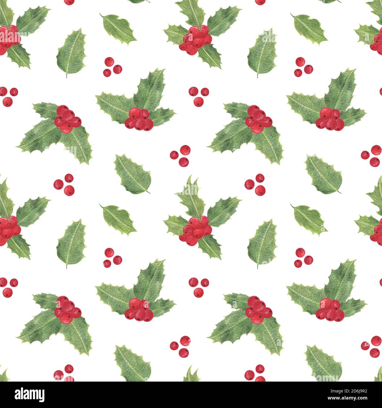 Pianta Holly ripetizione modello, bacche rosse, tradizionale inverno vacanze acquerello illustrazione, foglie e bacche, fine dell'anno celebrazioni e riunione di famiglia simbolo, umore festivo semplice modello Foto Stock