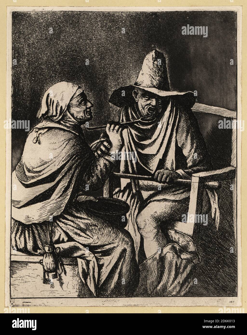 Un cucchiaio di suora-che alimenta un uomo da una grande ciotola, 17 °  secolo. Indossa un velo e un mazzo di chiavi dalla sua cintura. L'uomo  indossa un cappello conico e un