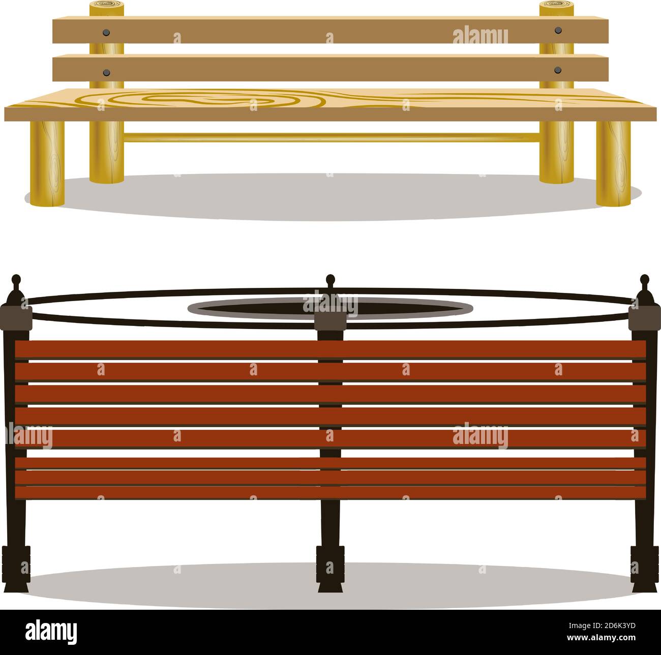 Due tipi di panchine di legno del parco sono isolate su sfondo bianco. Banchi di illustrazione vettoriale per decorazioni all'aperto e oggetti per cartoni animati. Illustrazione Vettoriale