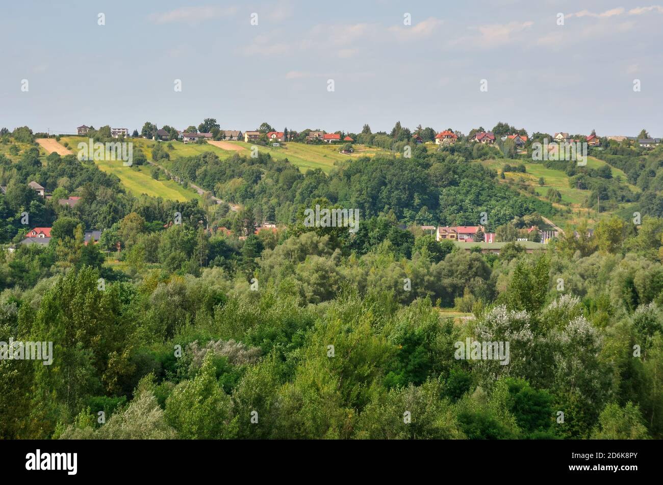 verde, paesaggio, collina, casa, paese, flora, albero, viaggio, turismo, giorno, estate, casa, erba, vista, tranquilla, calma, paesaggio, scenico, scena, dobczyce Foto Stock