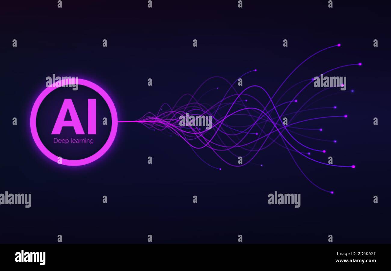Ai. Concetto di intelligenza artificiale delle reti neurali. Astratto tecnologia sfondo ondulato. Visualizzazione dell'apprendimento profondo. Equalizzatore di onde. Illus vettore Illustrazione Vettoriale