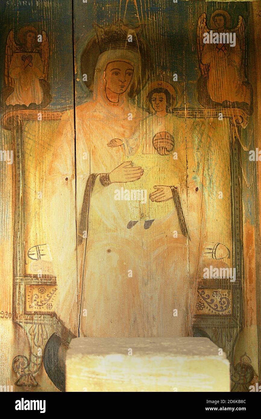 Antica icona di Odegetria raffigurante il Teotoko con il bambino Gesù su un trono reale. Foto Stock