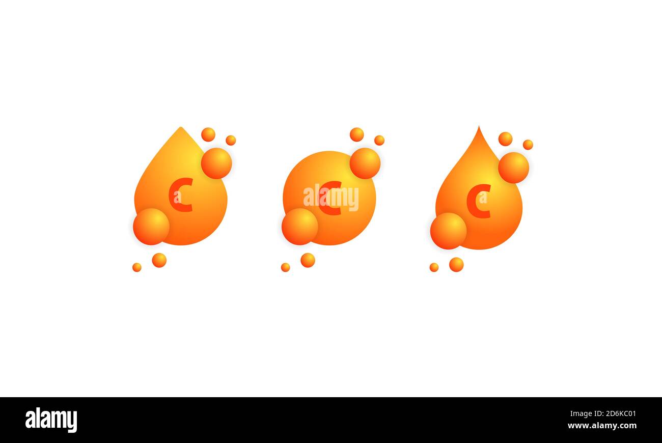 Set di icone della vitamina C. Trattamento di bellezza nutrizione cura della pelle disegno. Medicina sana pillola supplemento essenza. Vettore su sfondo bianco isolato. EPS 10 Illustrazione Vettoriale