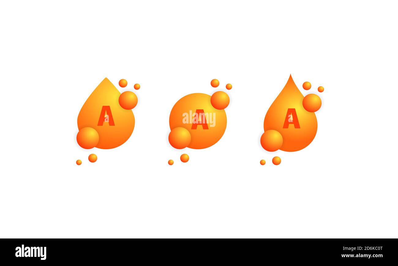 Insieme di icone della vitamina A. Trattamento di bellezza nutrizione cura della pelle disegno. Medicina sana pillola supplemento essenza. Vettore su sfondo bianco isolato. EPS 10 Illustrazione Vettoriale