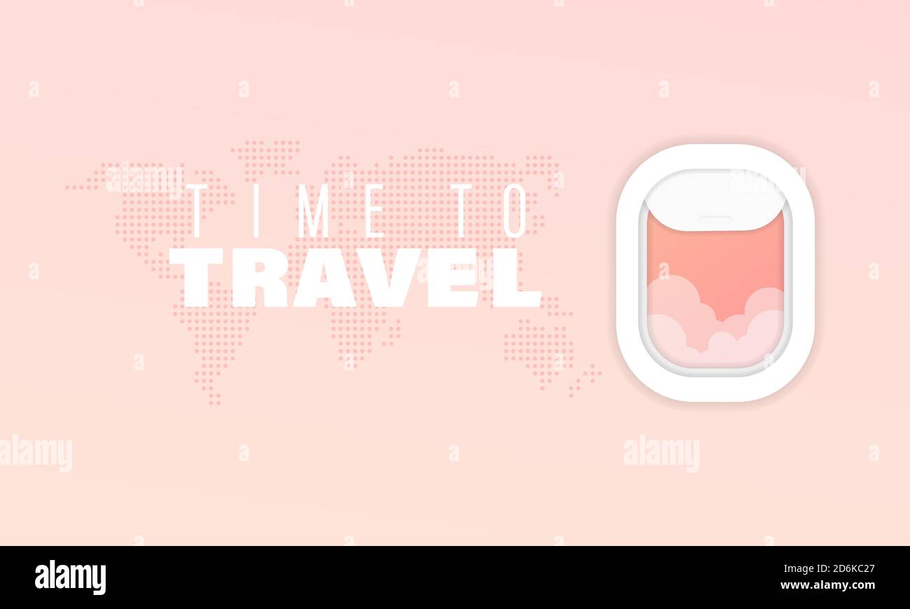 Tempo di viaggio. Ombra della finestra dell'aeroplano con vista del cielo esterno. Sfondo di piano finestra con mondo map.Travelling banner mock up. Vista dal cockpit Illustrazione Vettoriale