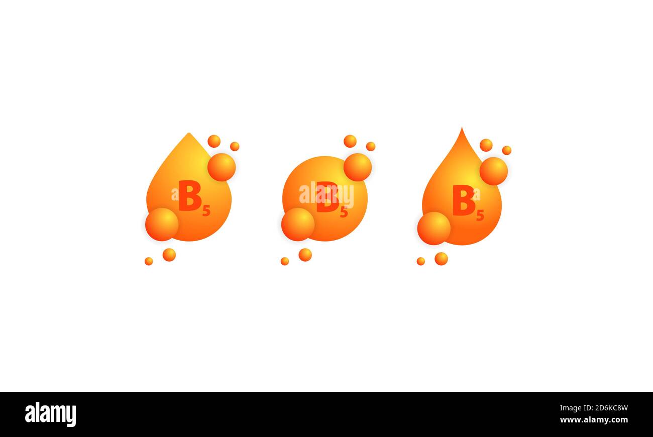 Set di icone vitamina B5. Trattamento di bellezza nutrizione cura della pelle disegno. Medicina sana pillola supplemento essenza. Vettore su sfondo bianco isolato. EPS Illustrazione Vettoriale