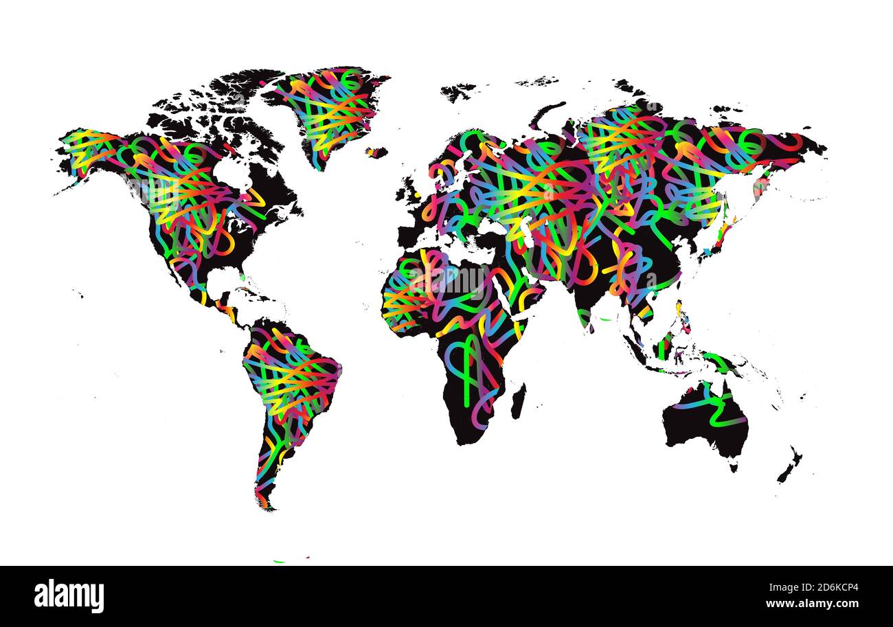 Colorato mondo mappa vettore decorativo divertente sfondo Foto Stock