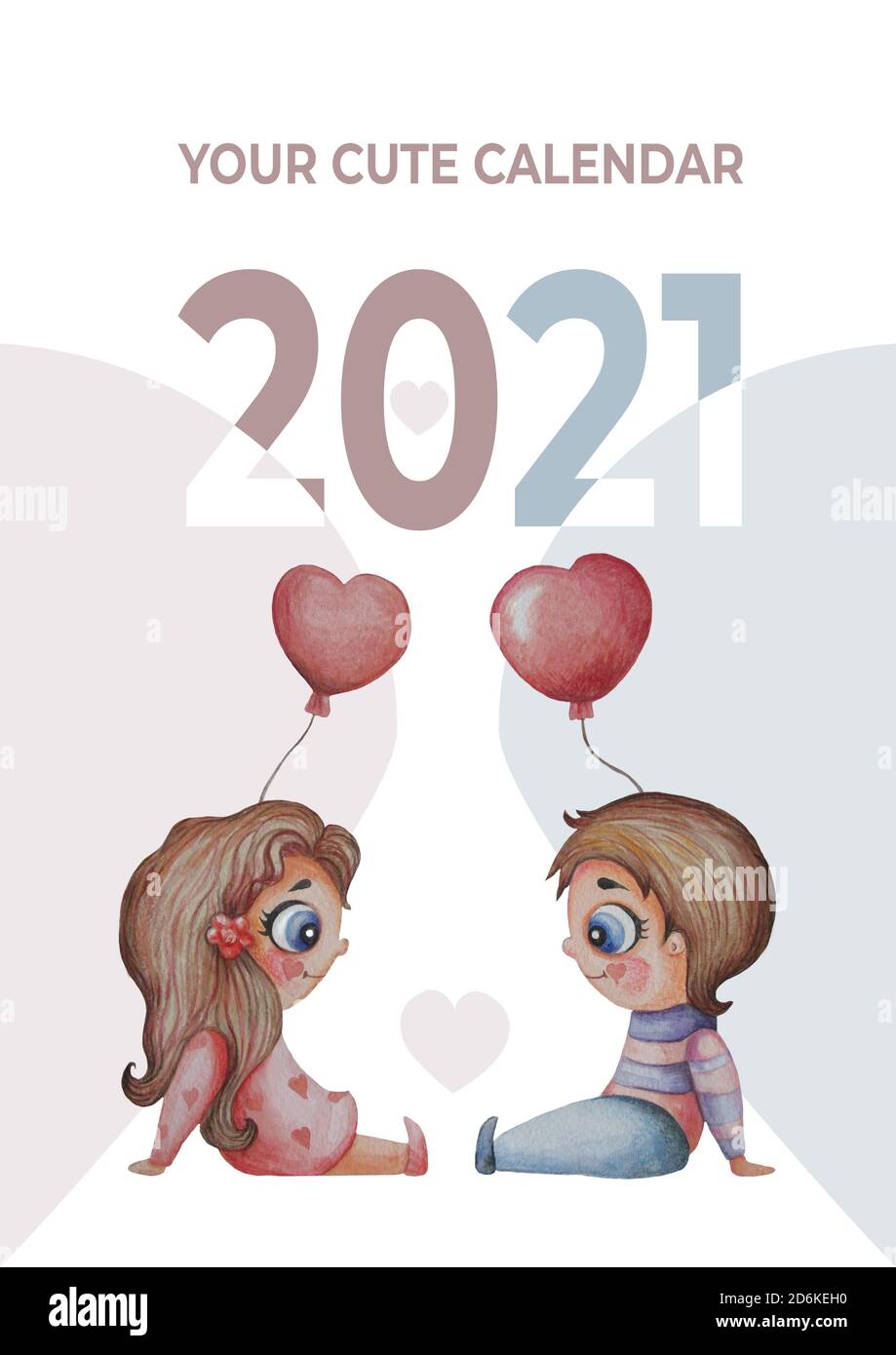 Calendario 2021 acquerello. Modello di copertina per un calendario mensile. Acquerello. Disegno a mano - bambini carini - ragazzo e ragazza con palloncini. Testo - il vostro Foto Stock