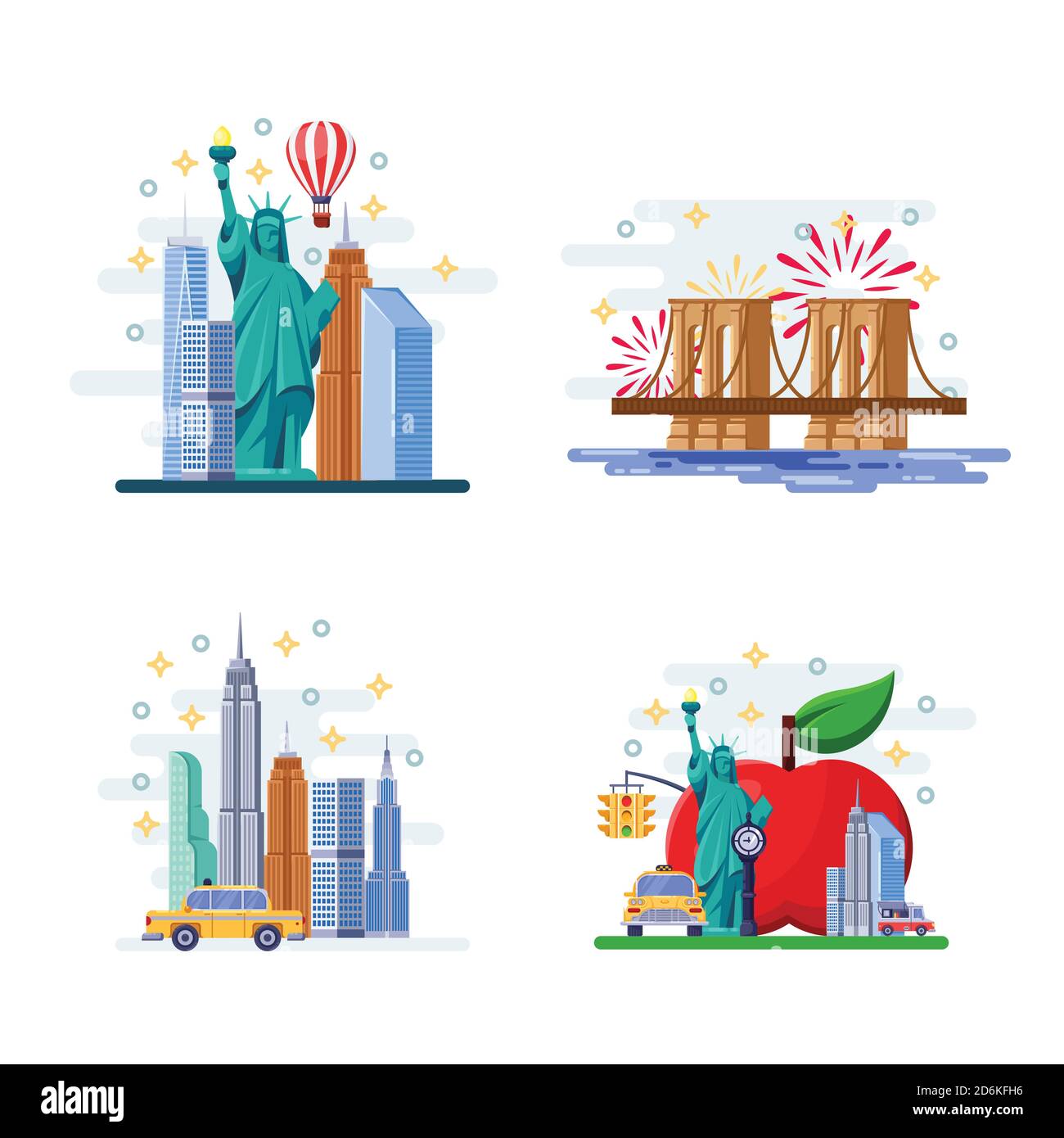 Viaggio a New York vettore flat illustrazione. Simboli della città, monumenti e luoghi famosi. Icone ed elementi di design degli Stati Uniti. Illustrazione Vettoriale