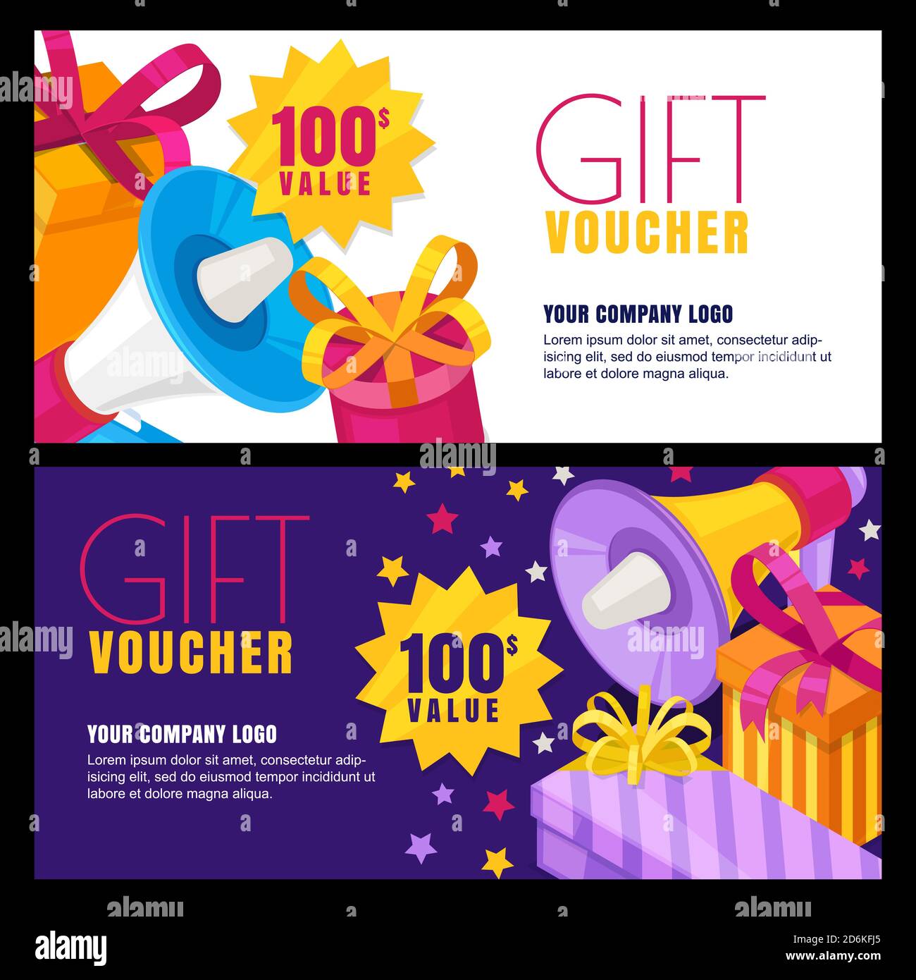 Carte regalo, voucher, certificato o coupon layout vettoriale. Modello banner sconto per i saluti delle festività. Presenza isometrica in stile 3d multicolore Illustrazione Vettoriale