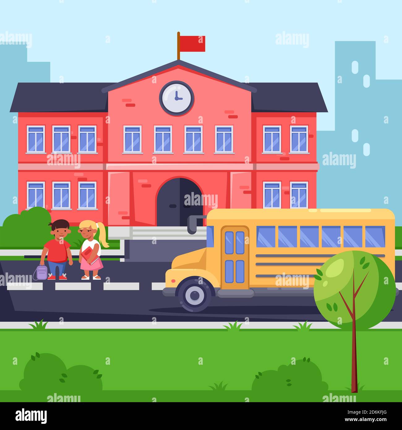 Ritorno a scuola, immagine vettoriale piatta. Edificio scolastico, autobus giallo e bambini. Studenti con zaini e libri che vanno a lezioni. Illustrazione Vettoriale