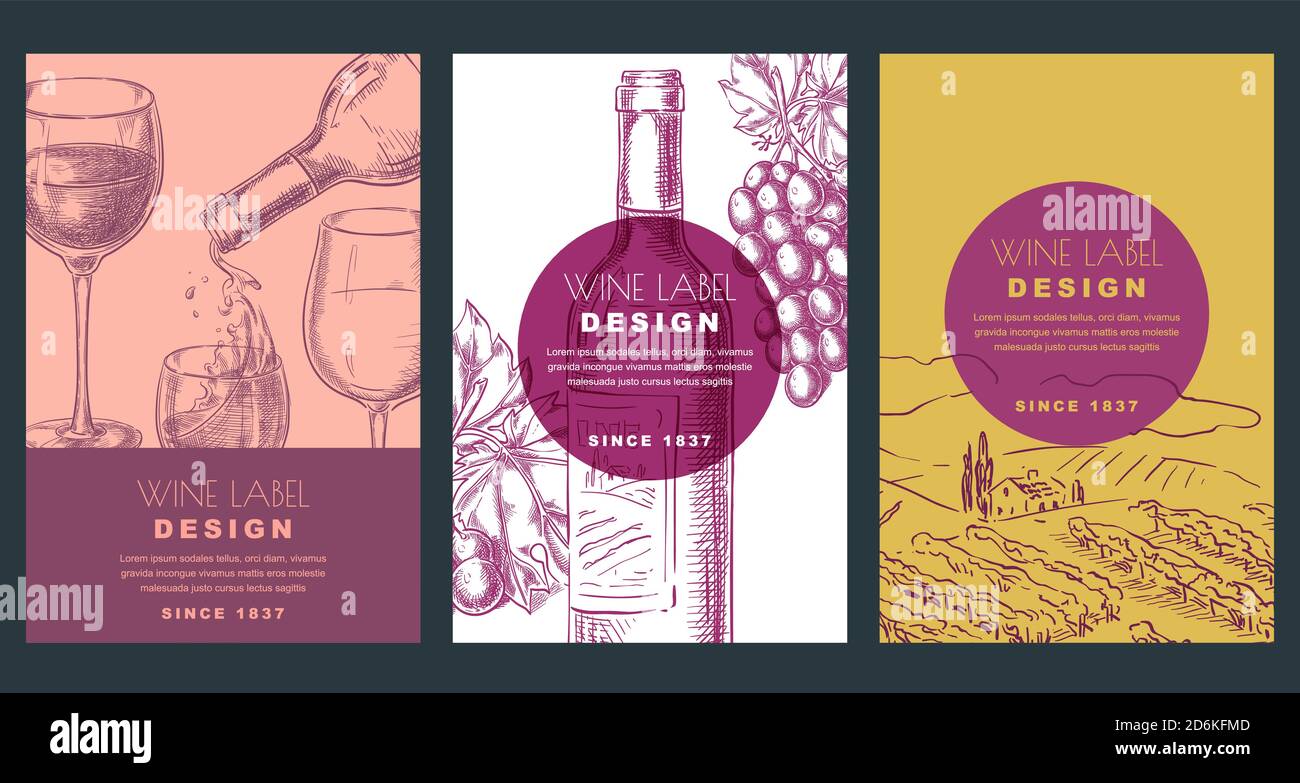 Modello di design dell'etichetta del vino. Disegno vettoriale illustrazione di bottiglia, vetro, uva e vigneto campo. Sfondi impostati. Illustrazione Vettoriale