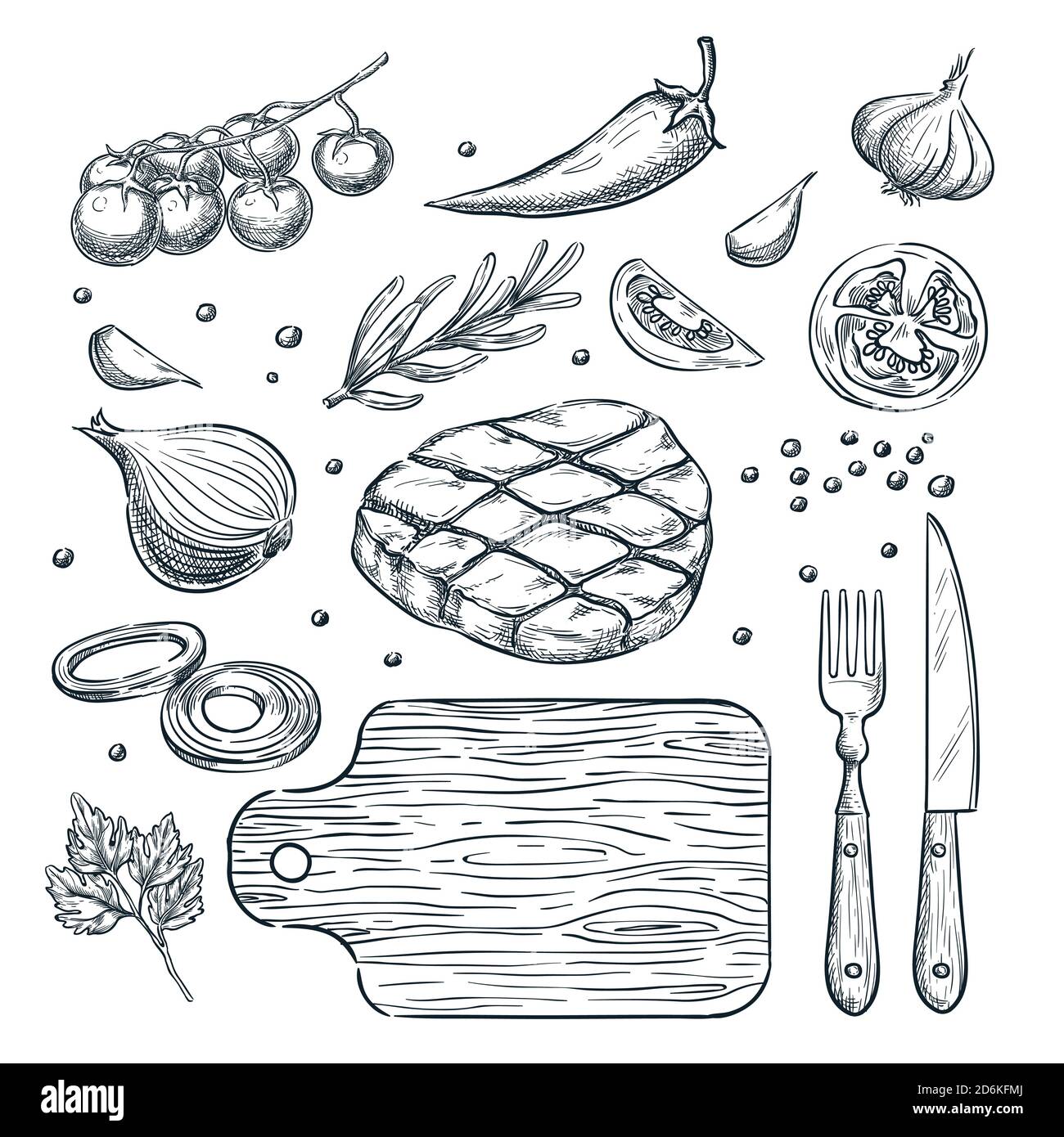 Cottura bistecca di carne, illustrazione dello schizzo vettoriale. Set di ingredienti alimentari, verdure, spezie, estratti a mano e isolati. Ristorante, ristorante grill menu design el Illustrazione Vettoriale