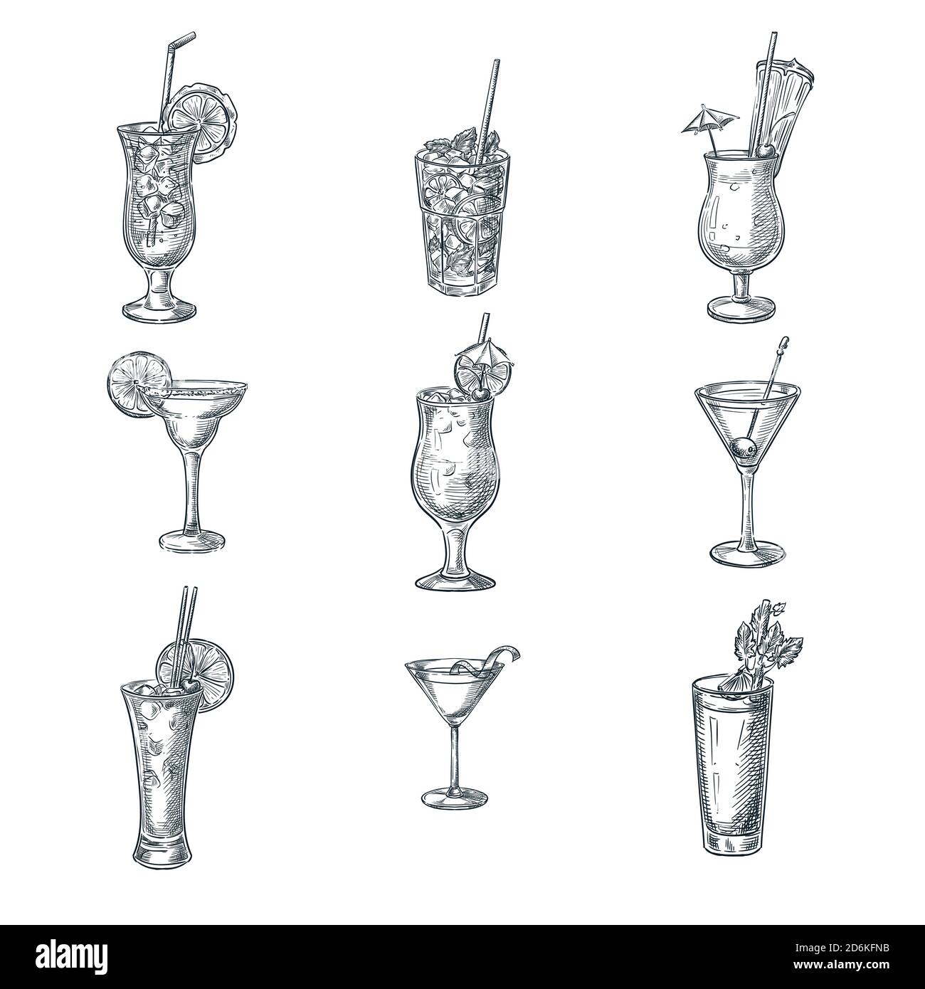 Illustrazione vettoriale dello schizzo di cocktail alcolici. Set di bevande e bevande isolate disegnate a mano. Elementi di progettazione del menu a barre. Illustrazione Vettoriale