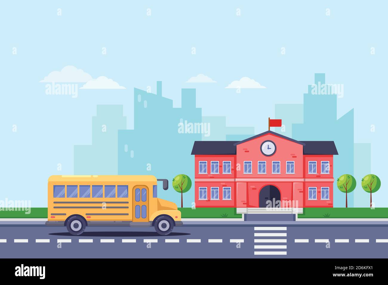 Ritorno a scuola, immagine vettoriale piatta. Edificio scolastico e autobus giallo sulla strada. Istruzione di base. Illustrazione Vettoriale