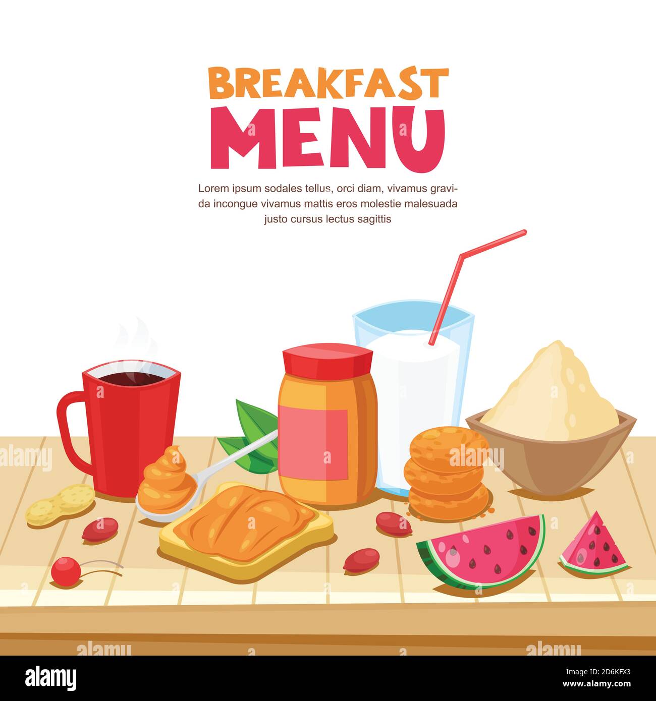 Disegno del menu della colazione, illustrazione in stile cartoon vettoriale. Panino di burro di arachidi, tè, tazza di caffè, latte, farinata d'avena su tavolo di legno. Cibo sfondo. Illustrazione Vettoriale