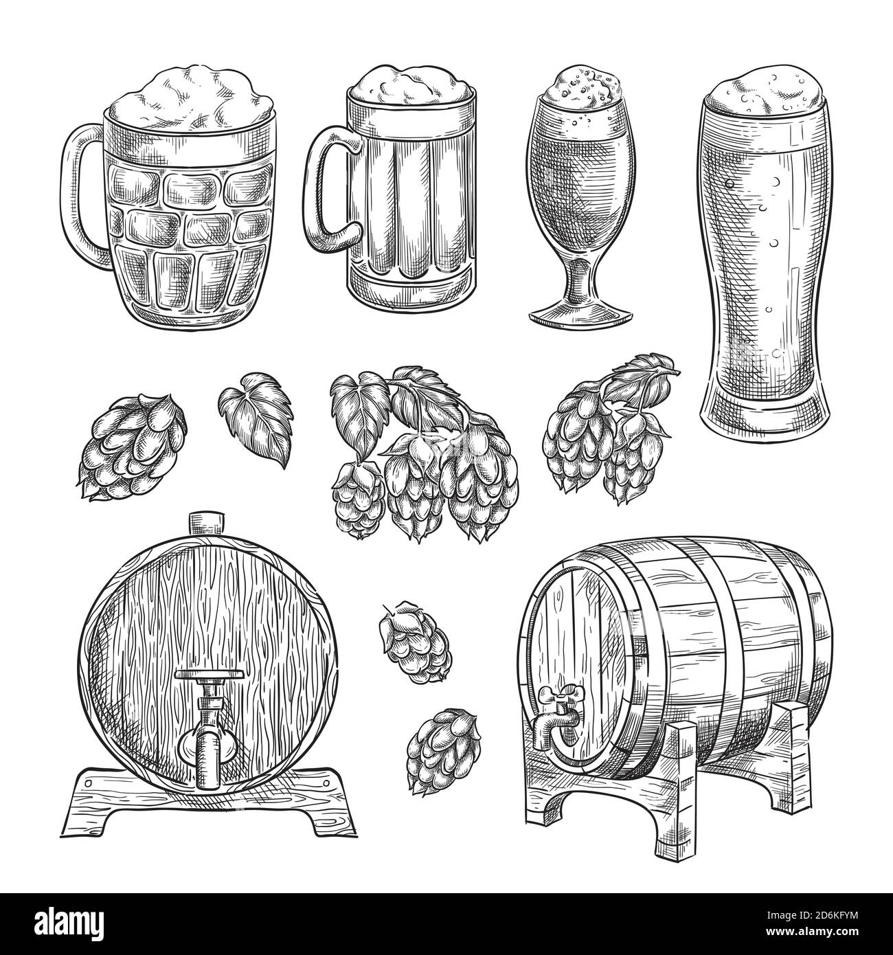 Illustrazione vettoriale dello schizzo della birra. Vetri, tazze, luppolo, barile elementi isolati disegnati a mano per la progettazione di pub e bar. Illustrazione Vettoriale