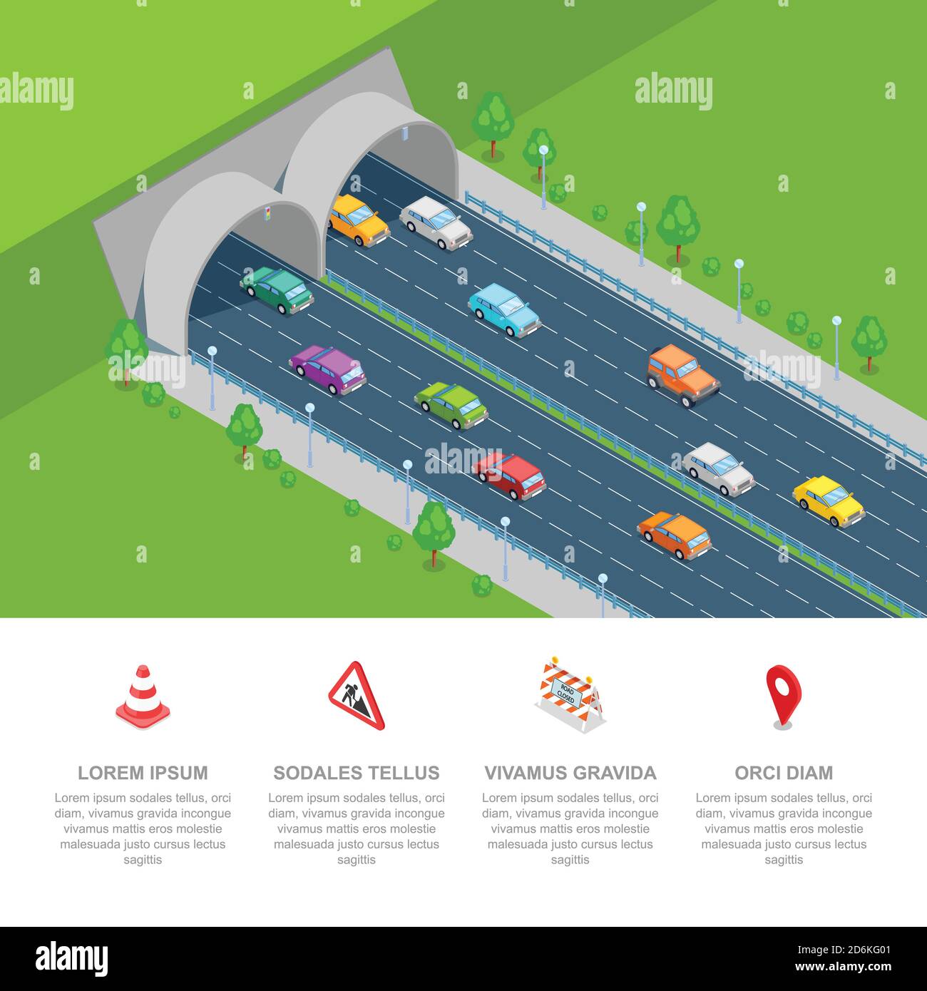 Illustrazione 3D isometrica del vettore stradale a tunnel. Trasporto e costruzione di strade moderne. Modello infografico di presentazione aziendale. Illustrazione Vettoriale