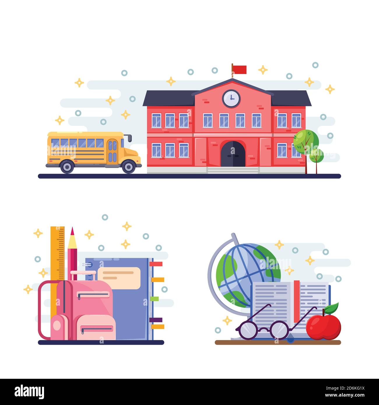 Immagine piatta del vettore di ritorno alla scuola. Edificio scolastico, autobus giallo e forniture di cancelleria. Icone didattiche ed elementi di design. Illustrazione Vettoriale