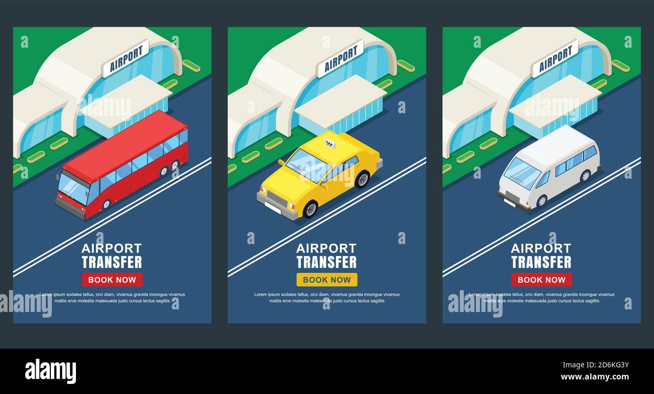 Trasferimento aeroportuale, illustrazione vettoriale isometrica 3D. Layout di banner, poster e volantini. Servizio di taxi o bus navetta. Illustrazione Vettoriale