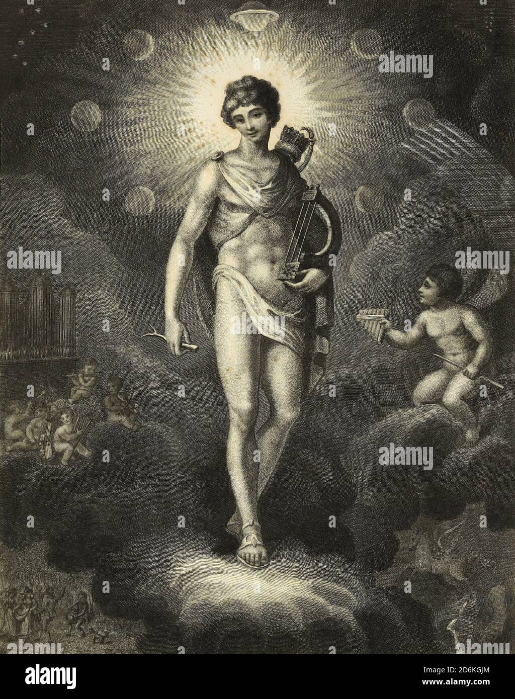 Descrizione del frontespizio che illustra la musica. Apollo, avendo ottenuto nell'assemblea degli dei il possesso della Lira, lascia le sfere melodiche dei cieli e porta armonia sulla terra. Incisione su copperplate dell'Enciclopedia Londinensis OR, dizionario universale delle arti, delle scienze e della letteratura; Volume XVI; a cura di Wilkes, John. Pubblicato a Londra nel 1819 Foto Stock
