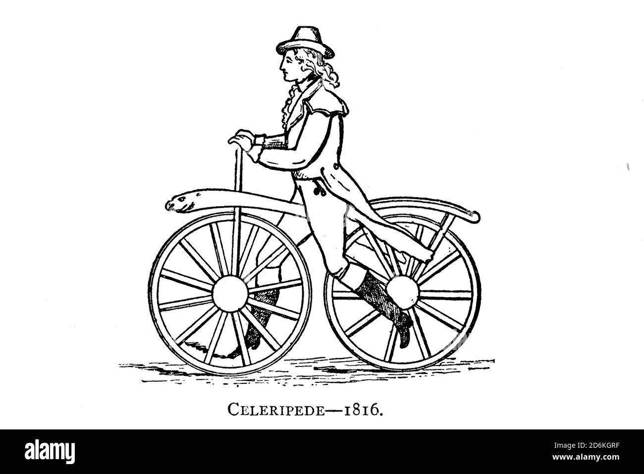 Celeripede 1816 [una forma iniziale della bicicletta, costituita da due ruote di uguale diametro fissate da una barra di legno e prive di pedali o di un mezzo di sterzata] da Wheels and Wheeling; un manuale indispensabile per i ciclisti, con oltre duecento illustrazioni di Porter, Luther Henry. Pubblicato a Boston nel 1892 Foto Stock