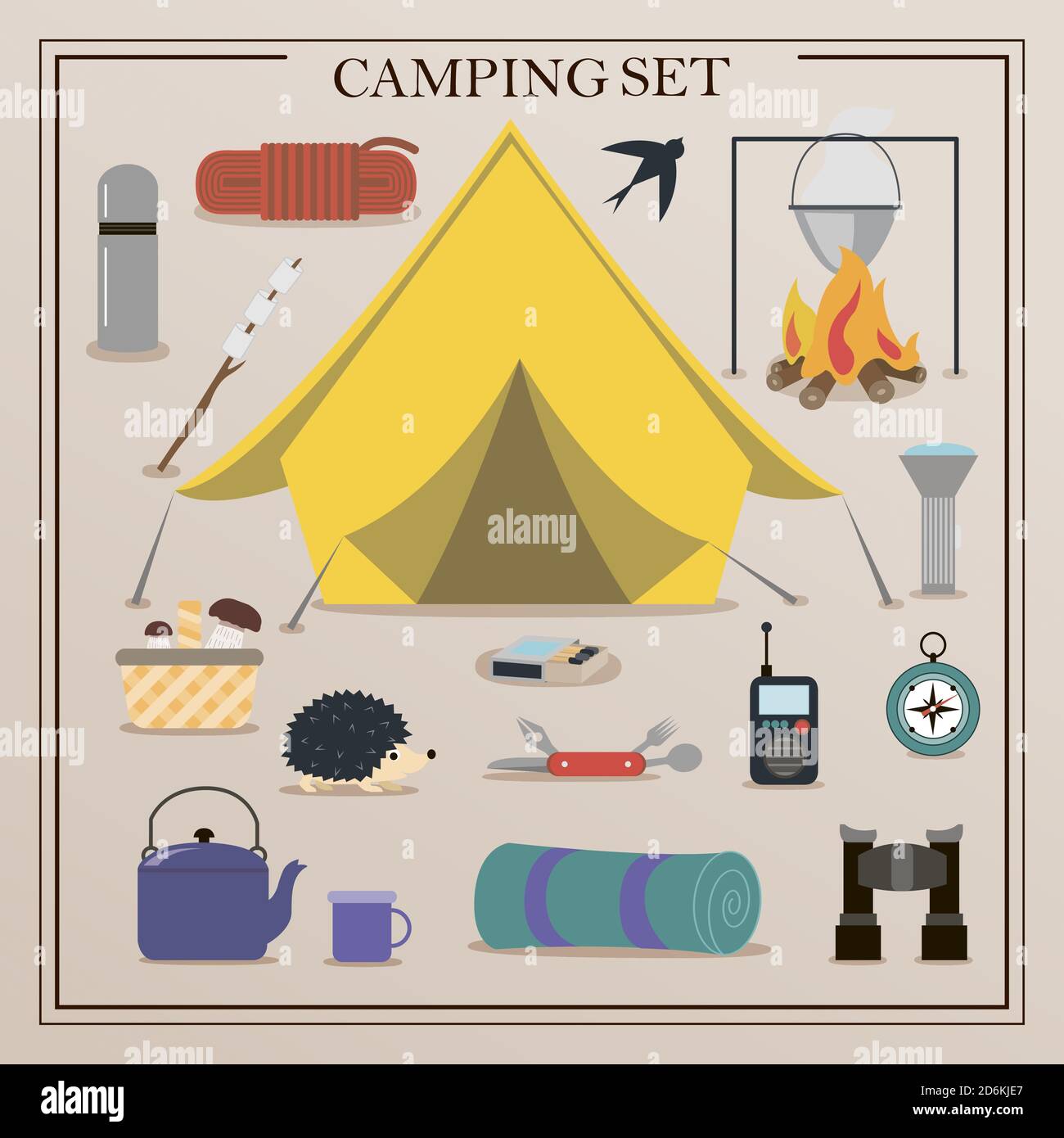 Una serie di icone piatte per il campeggio. Attrezzature per escursioni,  alpinismo e campeggio: Un insieme di icone e infografiche. Casa  dell'albero, tenda, utensili da campeggio, zaino e attrezzi scout Immagine e