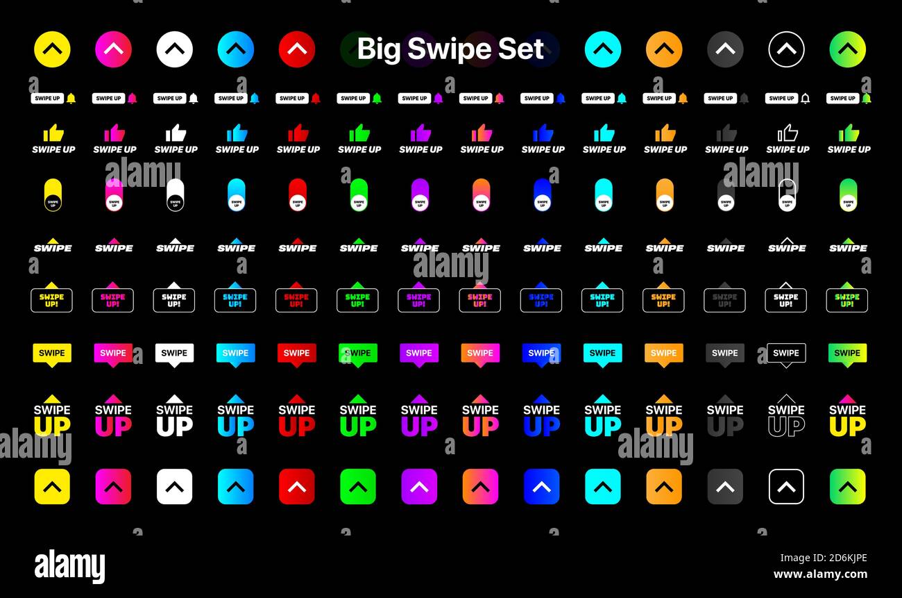Scorri verso l'alto. Grande set di icone di scorrimento dei social media Illustrazione vettoriale su sfondo nero. Scorrere o scorrere verso l'alto le icone del gradiente digitale. Grande collezione di Illustrazione Vettoriale