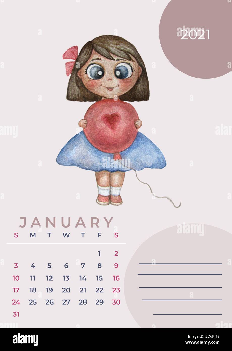 calendario 2021 acquerello. Calendario per il 2021, modello di gennaio 2021. Acquerello - ragazza graziosa con un palloncino. Luogo per le note. Progettista Foto Stock