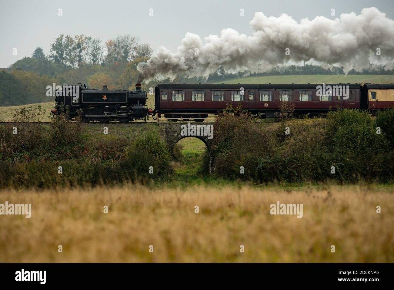 Una locomotiva a vapore sulla Severn Valley Railway a Bewdley, Worcestershire. Foto Stock