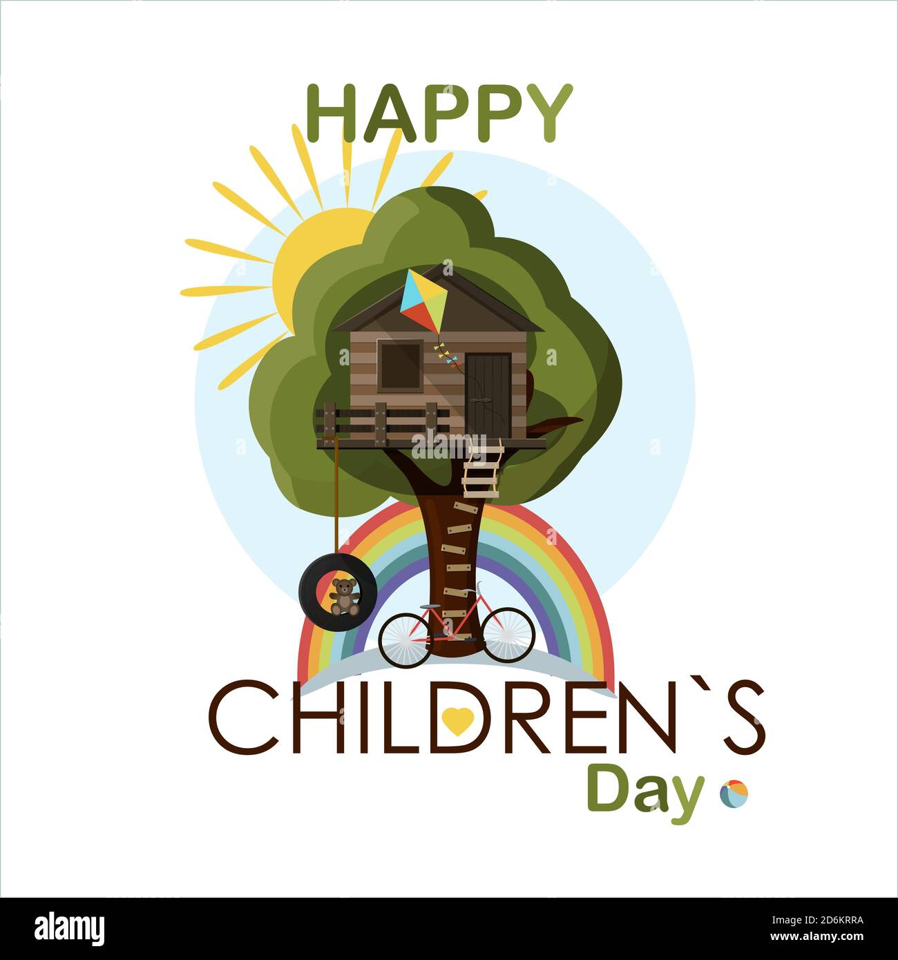 Cartolina per la giornata internazionale dei bambini. Estate luminoso  albero casa per giocare. Un aquilone, una palla e un arcobaleno. Felice  infanzia. Congratulazioni per una vacanza, per la scuola, per l'asilo.  Poster