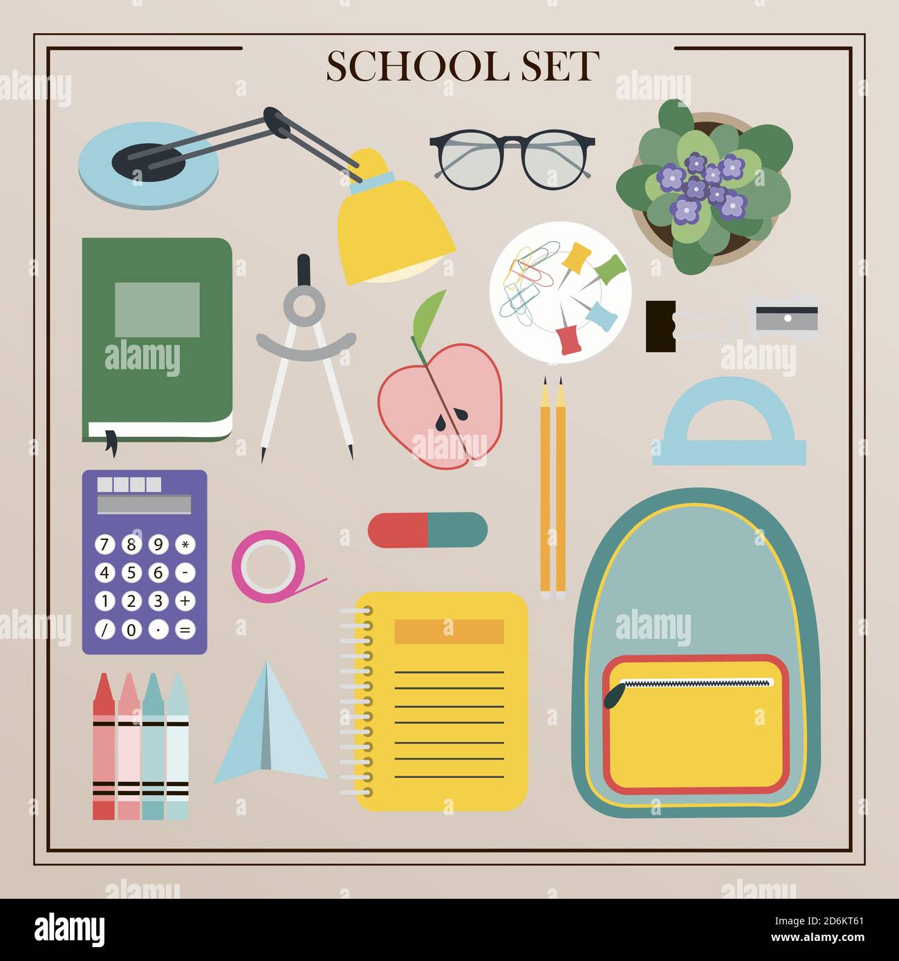 Un insieme di forniture per ufficio vettoriale, di attributi scolastici e  di ufficio. Design piatto di matite isolate, penne, righelli, zaino, globo,  vernici, palette, pennelli, libri, quaderni, bussole, telescopio.  Illustrazione per i