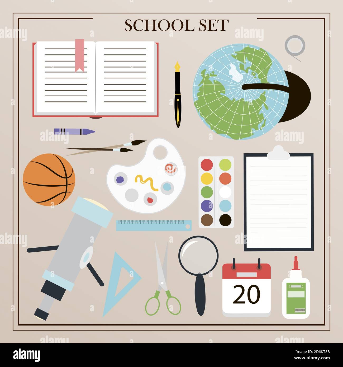 Un insieme di forniture per ufficio vettoriale, di attributi scolastici e di ufficio. Design piatto di matite isolate, penne, righelli, zaino, globo, vernici, palette, pennelli, libri, quaderni, bussole, telescopio. Illustrazione per i materiali di consumo di un negozio, una scuola, un'università o un ufficio. Vista dall'alto degli oggetti scritti Illustrazione Vettoriale