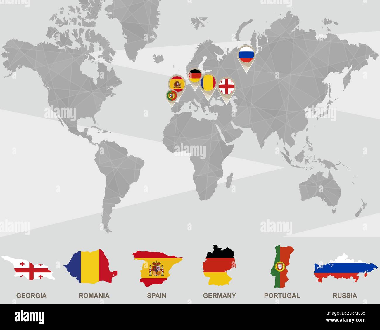 Mappa del mondo con i puntatori di Georgia, Romania, Spagna, Germania, Portogallo, Russia. Illustrazione vettoriale. Illustrazione Vettoriale