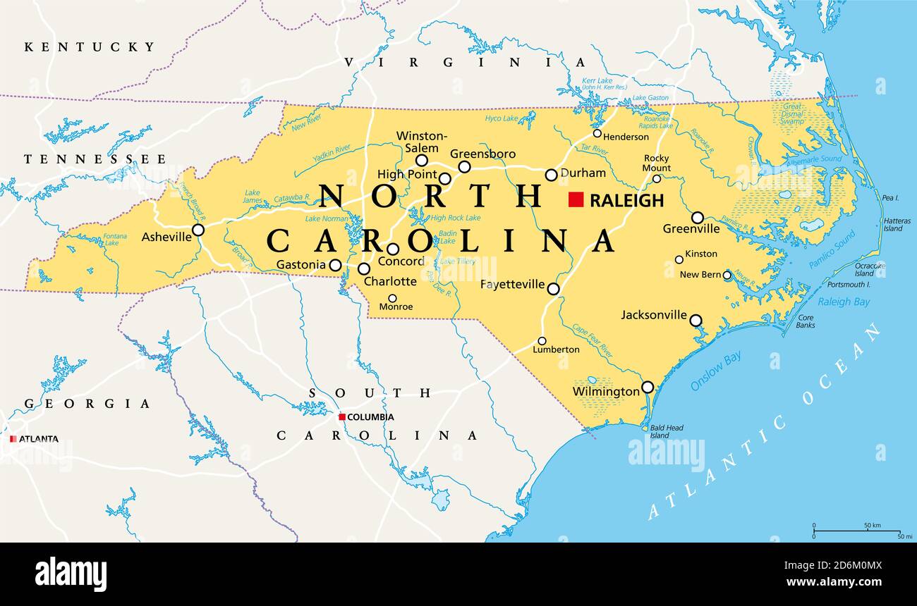 Carolina del Nord, NC, mappa politica. Con la capitale Raleigh e le città più grandi. Stato nella regione sud-orientale degli Stati Uniti d'America. Foto Stock