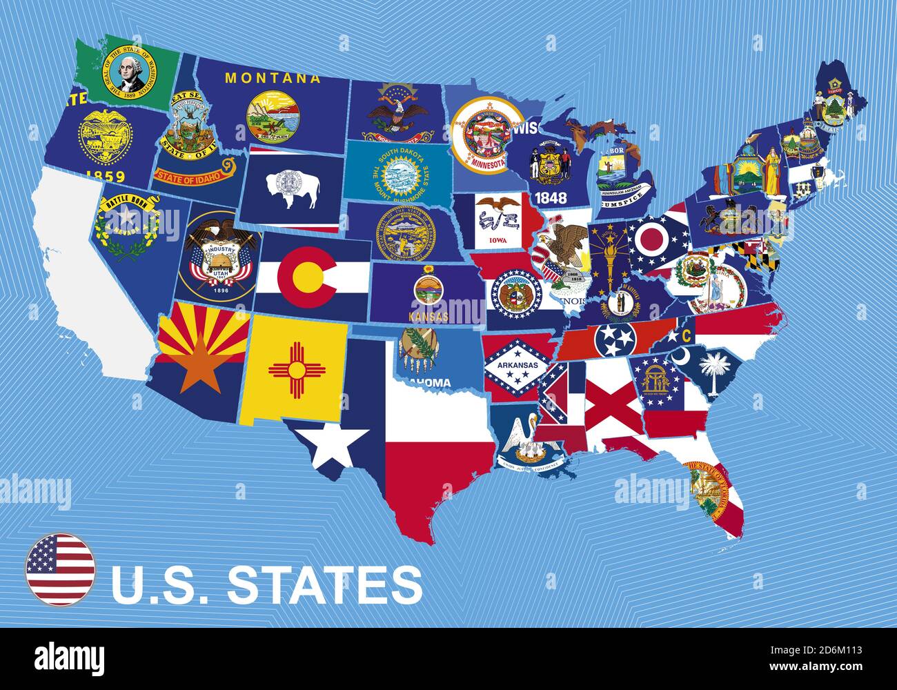 Mappa DEGLI STATI UNITI con bandiere di stati, su sfondo blu Immagine e  Vettoriale - Alamy