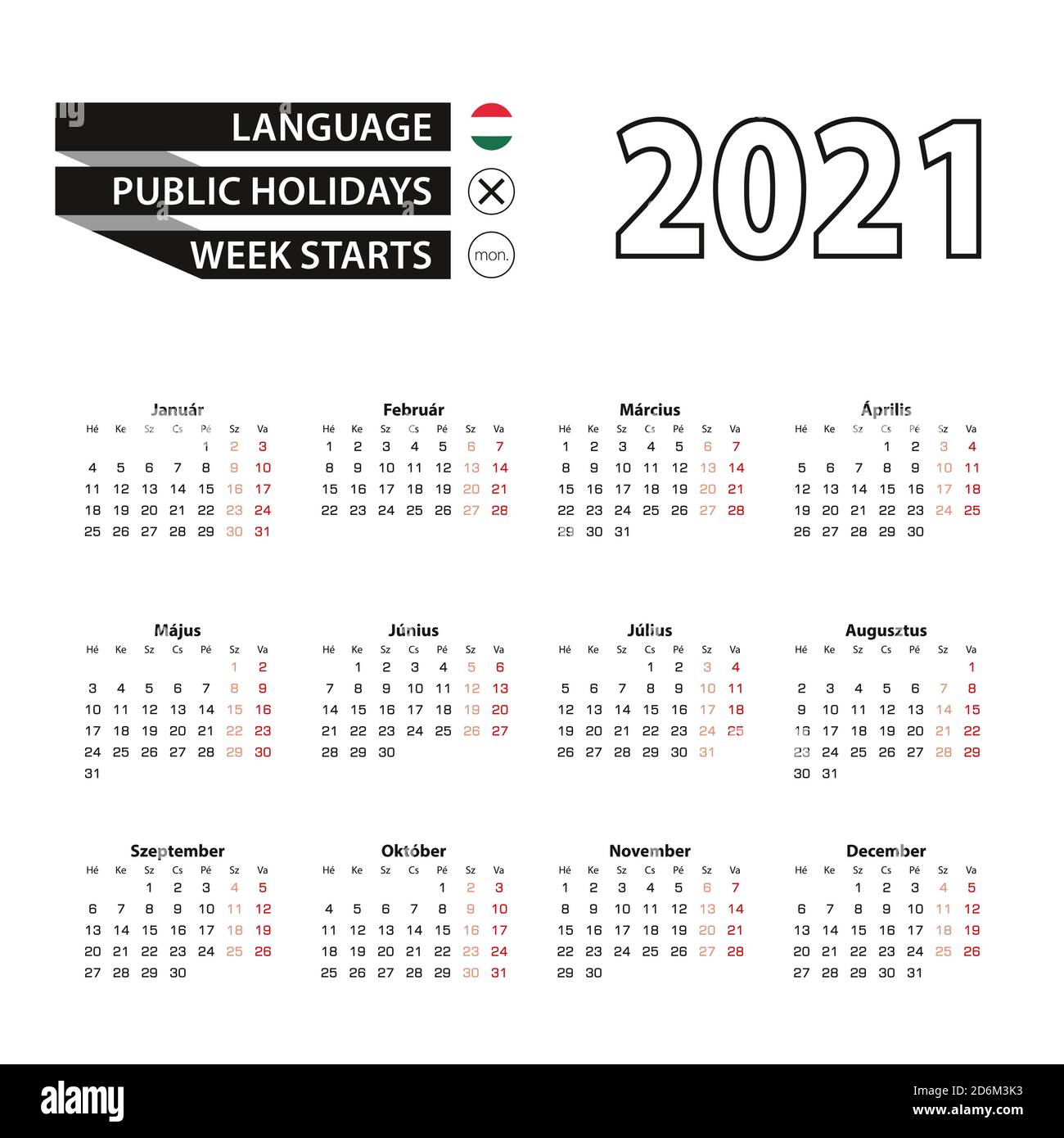 Calendario 2021 in lingua ungherese, la settimana inizia il lunedì. Calendario vettoriale 2021 anni. Illustrazione Vettoriale