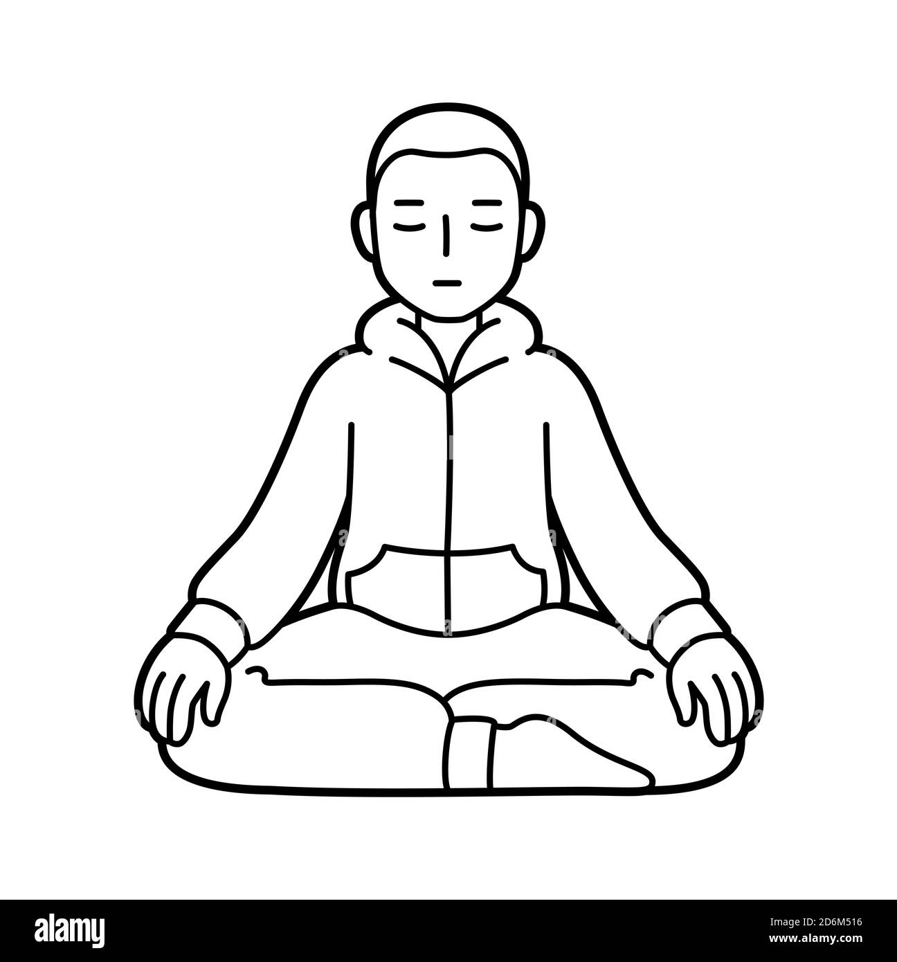 Meditare il giovane seduto in posizione birmana. Pratica di meditazione domestica. Semplice disegno grafico a linee in bianco e nero, illustrazione vettoriale. Illustrazione Vettoriale