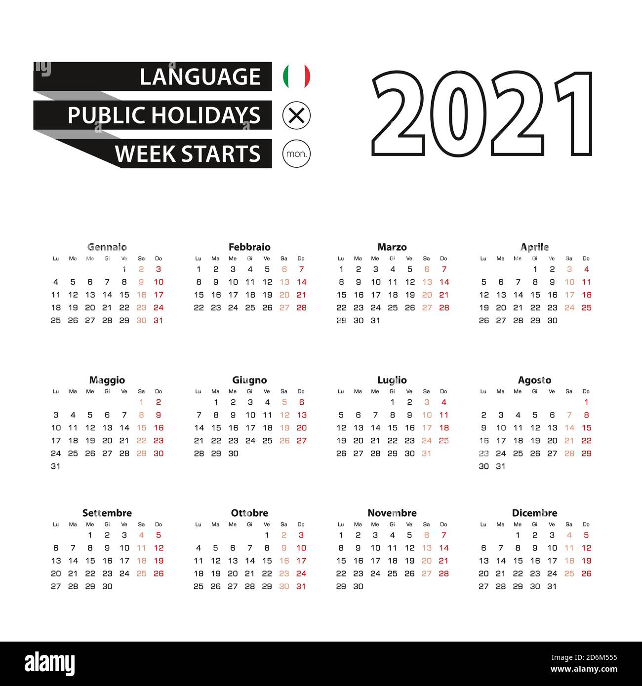 Calendario 2021 in lingua italiana, la settimana inizia il lunedì. Calendario vettoriale 2021 anni. Illustrazione Vettoriale