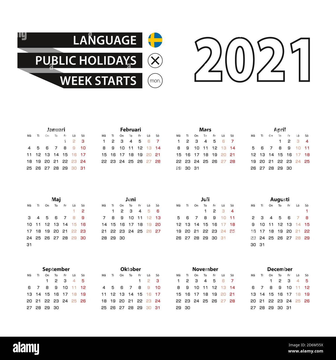 Calendario 2021 in lingua svedese, la settimana inizia il lunedì. Calendario vettoriale 2021 anni. Illustrazione Vettoriale